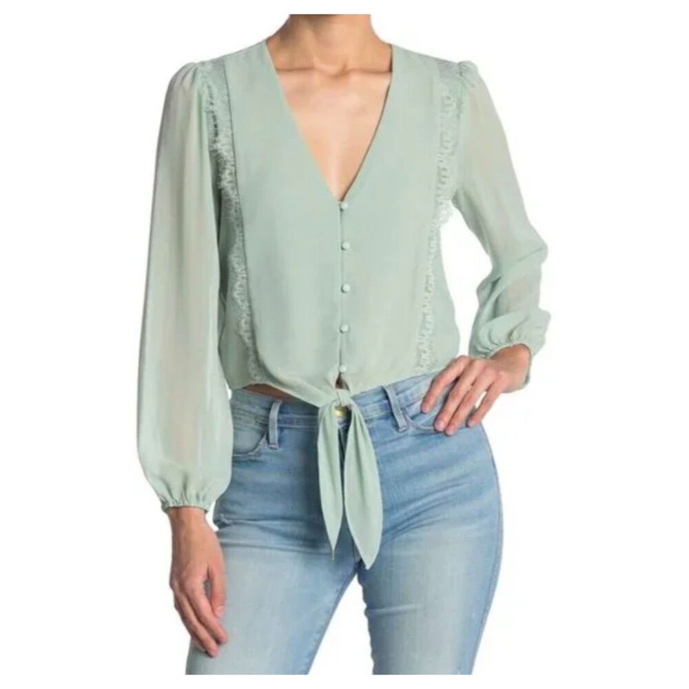 WAYF Sage Green Lace Trim Tie Front Blouse Size Medium